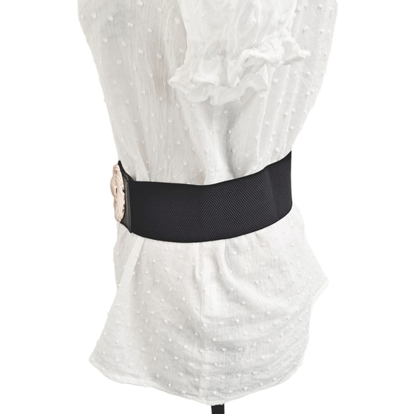 Corset Black wide waist elastic stretch belt metal gold swirls buckle - Picture 6 of 11